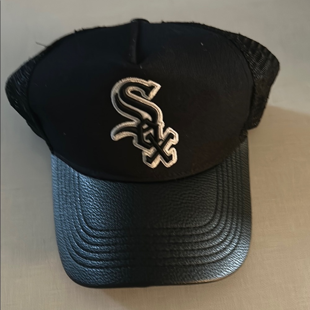 Black Baseball Cap White Sox Black Leather Black Mesh Stylish StrapBack
